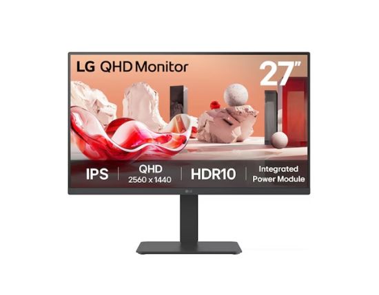 Picture of LG 27' QHD IPS Monitor, 2560x1440, HDR10, 99% sRGB, 75 Hz, integrated power, adjustable stand (tilt/height/swivel/pivot), Flicker Safe & Reader Mode