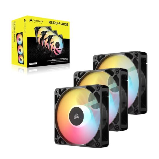 Picture of Corsair RS120-R ARGB 120mm PWM Reverse Fans Triple Pack - Black, 3x RGB Fans, 2100 RPM, 65.82 CFM, Static Pressure, Magnetic Dome Bearing, PWM Control