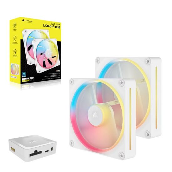 Picture of Corsair iCUE LINK LX140-R RGB 140mm PWM Reverse Fans Starter Kit Dual Pack -White: 90.6 CFM, 2000 RPM, 38.3 dBA, 0.45A, Static Pressure, Magnetic Dome