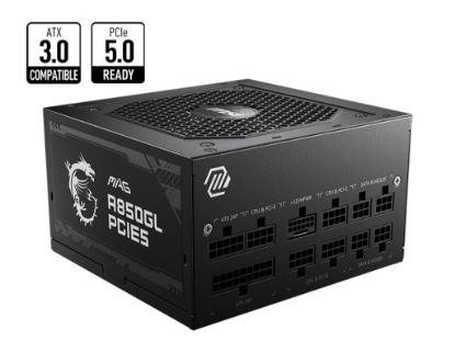 Picture of MSI MAG A850GL PCIE5 850W Up to 90% (80 Plus Gold) ATX Power Supply Unit, PFC, 100~240 VAC, 850W, 47-63Hz, PCI-E, SATA, FDD