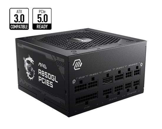 Picture of MSI MAG A850GL PCIE5 850W Up to 90% (80 Plus Gold) ATX Power Supply Unit, PFC, 100~240 VAC, 850W, 47-63Hz, PCI-E, SATA, FDD