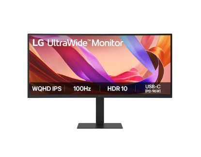 Picture of LG 34' UltraWide 21:9 WQHD Curved IPS Monitor with 3440x1440 resolution, sRGB 99%, HDR10, 100Hz, 5ms response, and tilt/height/swivel stand