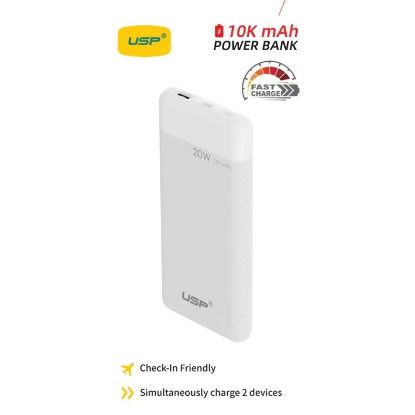 Picture of USP 10K mAh Power Bank White - 20W Fast Charge, 2 USB-Outputs, 1x USB-C, 1x USB-A, Indicator Light, Safer Charging, Large Compatibility