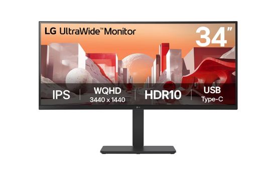 Picture of LG 34' UltraWide QHD Curved IPS Monitor with HDR10, sRGB 99%, USB-C PD 90W, RJ45, built-in speakers, and tilt/height/swivel adjustable stand