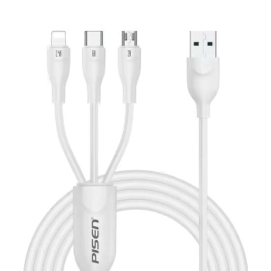 Picture of Pisen 3-in-1 USB-A to Lightning + USB-C + Micro-USB Cable (1.2M) White - 6A Superfast, Samsung Galaxy,Apple iPhone,iPad,MacBook,Google,OPPO,Nokia