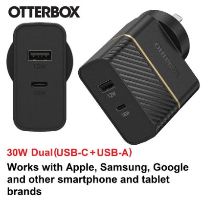 Picture of OtterBox 30W Dual Port Premium PD Fast Wall Charger - Black (78-80029),1x USB-A (12W), 1x USB-C (18W),Compact, Travel-Ready, 2 Years Warranty