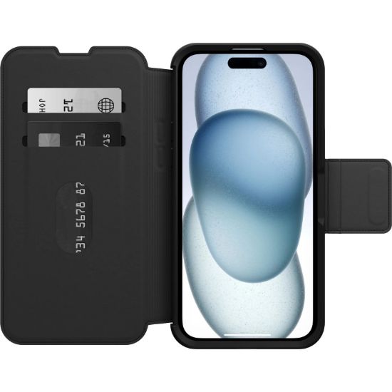 Picture of OtterBox Strada MagSafe Apple iPhone 15 Plus (6.7') Case Shadow (Black) - (77-93564), DROP+ 3X Military Standard,Leather Folio Cover,7 Years Warranty