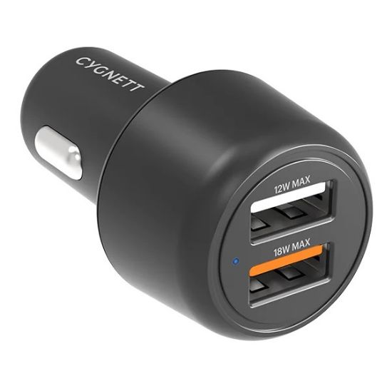 Picture of Cygnett CarPower 30W Dual Port Car Charger - Black (CY3680CYCCH), 2xUSB-A(12W & 18W QC 3.0), 3.6x faster than standard 5W, 2 Years Warranty