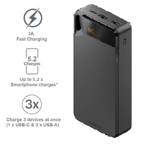 Picture of Cygnett ChargeUp Boost 4th Gen 20K mAh Power Bank- Black(CY4751PBCHE)Triple Port(Dual USB-A 15W+1xUSB-C 15W),15cm USB-C Cable,15W Max,2 Years Warranty