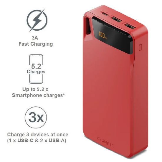 Picture of Cygnett ChargeUp Boost 4th Gen 20K mAh Power Bank -Red(CY4753PBCHE)Triple Port(Dual USB-A 15W + 1xUSB-C 15W),15cm USB-C Cable,15W Max,2 Years Warranty