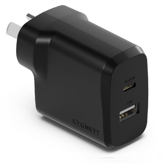 Picture of Cygnett PowerPlus 32W Dual Port (20W USB-C + 12W USB-A) PD Fast Wall Charger-Black(CY4773PDWCH),Palm-Size,Portable,Charge 2x Devices,2 Years Warranty