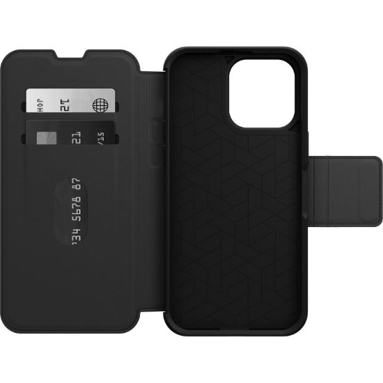 Picture of OtterBox Strada Apple iPhone 14 Pro Max Case Black - (77-88571), DROP+ 3X Military Standard, Leather Folio Cover, Soft Touch, 7 Years Warranty