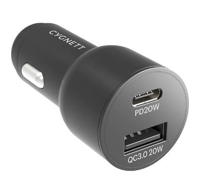 Picture of Cygnett CarPower 20W Dual Port Car Charger with 20W USB-C PD + 20W QC 3.0 USB-A-Black(CY3637CYCCH), Fast Charge, Max 20W, 2 Years Warranty