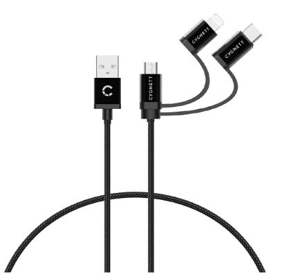 Picture of Cygnett Essentials 3-in-1 (USB-A to Lightning + USB-C + Micro-USB) Cable (1M) - Black (CY3571COCAB), 2.4A/12W, 480Mbps, 3x Connectors,2 Years Warranty