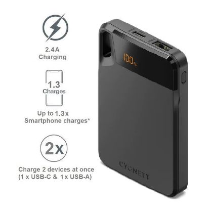Picture of Cygnett ChargeUp Boost 5K mAh Power Bank - Black (CY4743PBCHE), Dual Ports (1x USB-C 12W, 1x USB-A 12W), 15cm USB-A to USB-C Cable, 2 Years Warranty