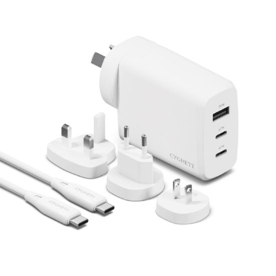 Picture of Cygnett Voyager 67W Multi-Port GaN Travel Wall Charger - White (CY4771PDWCH), 2x USB-C (67W), 1x USB-A (20W),1M USB-C to USB-C , 2 Years Warranty
