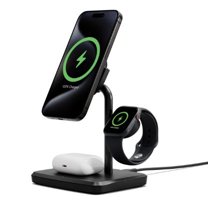 Picture of Cygnett ChargeBase Qi2 3-in-1 Magnetic 15W Wireless Charger-Black(CY5069BUNCP),1.2M USB-C Cable,5W Watch Charger, 180° Swivel Head,2 Years Warranty