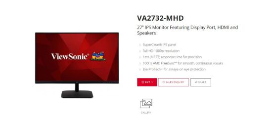 Picture of ViewSonic 27' Super Clear IPS, 4ms 100hz, Ultra Slim, FHD 1920 x 1080, DP, HDMI, VGA, 2x Speakers. VESA 100. 3 YR AR. Office Business Monitor