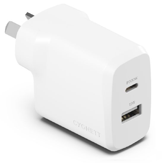 Picture of Cygnett PowerPlus 32W Dual Port (20W USB-C + 12W USB-A) PD Fast Wall Charger-White(CY4772PDWCH),Palm-Size,Portable,Charge 2x Devices,2 Years Warranty