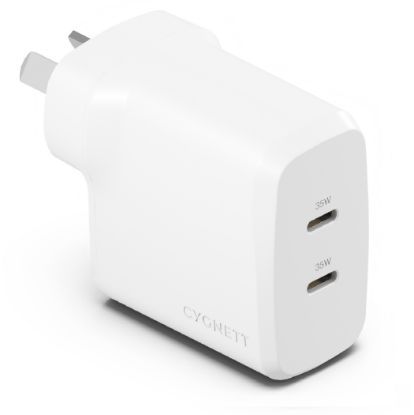 Picture of Cygnett PowerPlus 35W Dual Port USB-C PD Fast Wall Charger -White(CY4774PDWCH),2xUSB-C(35W), Best for iPhone,Samsung's PPS & USB-C Devices, 2 Years Wa