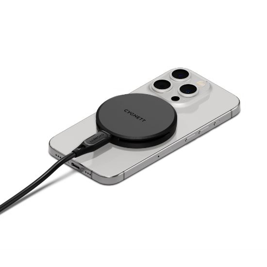 Picture of Cygnett ChargePuck Qi2 15W Fast Wireless Charger -Black(CY5061CCRGP), Compact & Lightweight,1.2M USB-C Cable,Perfect for Travel,2 Years Warranty