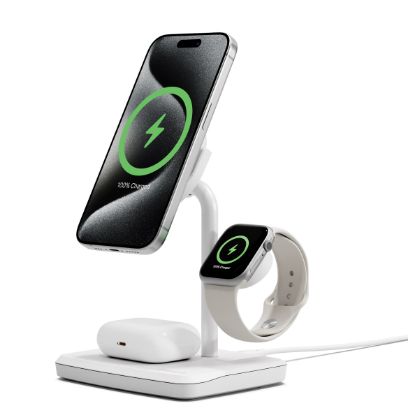 Picture of Cygnett ChargeBase Qi2 3-in-1 Magnetic 15W Wireless Charger-White(CY5070BUNCP),1.2M USB-C Cable,5W Watch Charger, 180° Swivel Head,2 Years Warranty