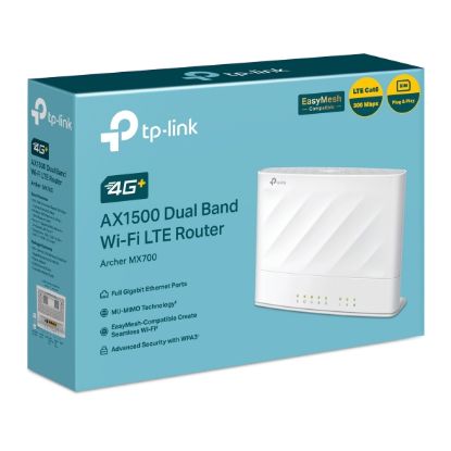 Picture of TP-Link Archer MX700 4G+ AX1500 Dual Band Wi-Fi LTE Router with Cat6 300 Mbps 4G+, AX1500 dual-band, nano SIM, 1×WAN/LAN + 3×LAN, and external antenna