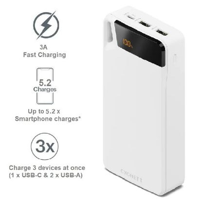 Picture of Cygnett ChargeUp Boost 4th Gen 20K mAh Power Bank- White(CY4752PBCHE)Triple Port(Dual USB-A 15W+1xUSB-C 15W),15cm USB-C Cable,15W Max,2 Years Warranty