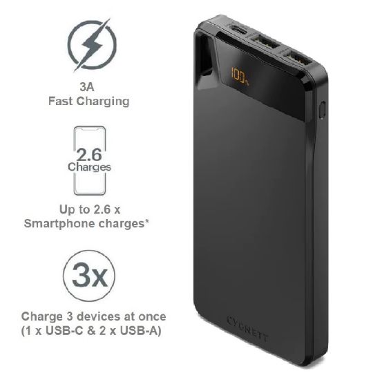 Picture of Cygnett ChargeUp Boost 4th Gen 10K mAh Power Bank-Black(CY4747PBCHE)Triple Port(Dual USB-A 15W+1xUSB-C 15W),15cm USB-C Cable,15W Max,2 Years Warranty