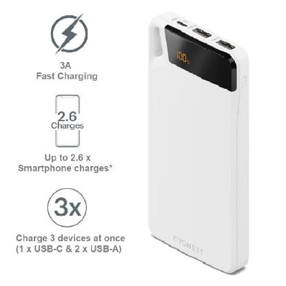 Picture of Cygnett ChargeUp Boost 4th Gen 10K mAh Power Bank-White(CY4748PBCHE)Triple Port(Dual USB-A 15W+1xUSB-C 15W),15cm USB-C Cable,15W Max,2 Years Warranty