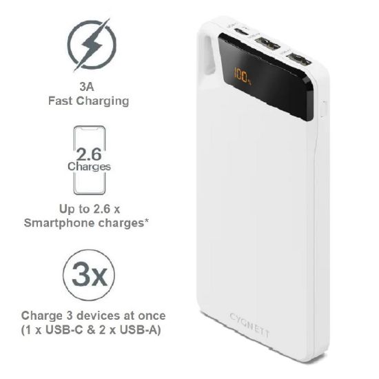 Picture of Cygnett ChargeUp Boost 4th Gen 10K mAh Power Bank-White(CY4748PBCHE)Triple Port(Dual USB-A 15W+1xUSB-C 15W),15cm USB-C Cable,15W Max,2 Years Warranty