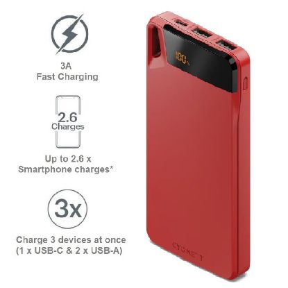 Picture of Cygnett ChargeUp Boost 4th Gen 10K mAh Power Bank -Red(CY4749PBCHE)Triple Port(Dual USB-A 15W + 1xUSB-C 15W),15cm USB-C Cable,15W Max,2 Years Warranty