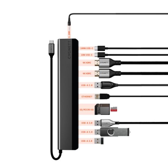 Picture of Cygnett UniteRiser 12-in-1 USB-C Multiport Hub Adapter-(CY5148HUB12)4x USB-A, 2xUSB-C (100W PD/3.0), 2xHDMI(60Hz/30Hz),1x SD 1xMicroSD,2Years Warranty