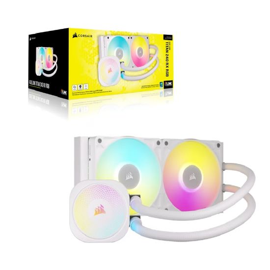 Picture of Corsair iCUE LINK TITAN 240 RX RGB AIO Liquid CPU Cooler - White, 73.5 CFM, 2100 RPM, Aluminum Radiator, Copper Cold Plate, Intel/AMD Support