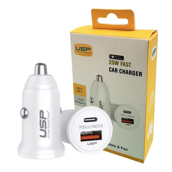 Picture of USP 25W Dual Port (USB-C 25W PD + USB-A 18W QC3.0) Fast Car Charger White - Dual USB Quick Charge, Inteligent Charging, 2 Year Warranty