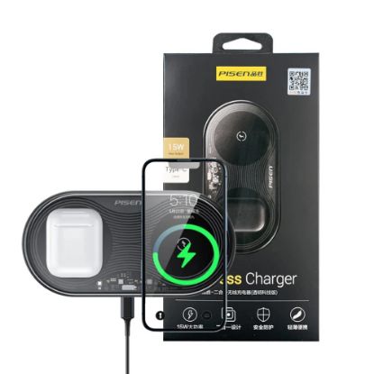 Picture of Pisen 2-in-1 Wireless Charger - XY-C18/Black, High Speed Charging, Support Simultaneous Charging, Type-C Universal Interface, 2 Years Warranty