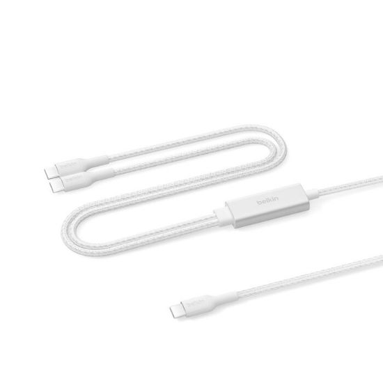 Picture of Belkin BoostCharge Pro Braided USB-C to Dual USB-C Cable (1.5M) - White (CAC004fq1.5MWH), 140W, 480Mbps, 350K+ Bends, Apple, 2 Years Warranty