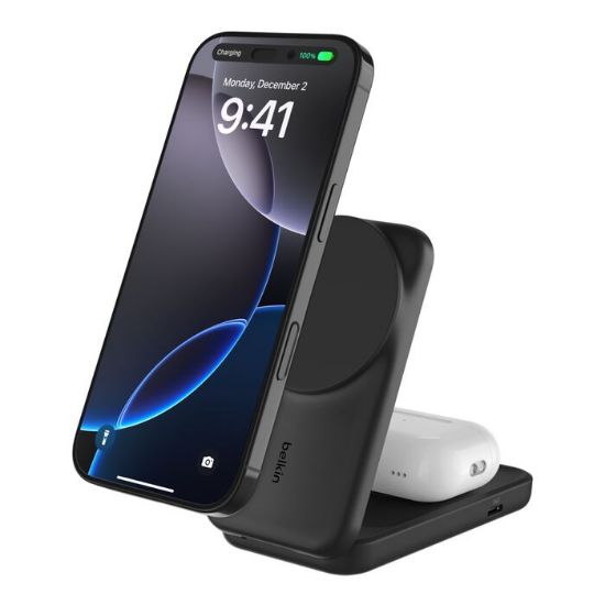 Picture of Belkin UltraCharge 2-in-1 Foldable Magnetic Wireless Charger With Qi2 + 45W USB-C Wall Charger + USB-C Cable- Black (WIZ039auBK), 25W,2 Years Warranty