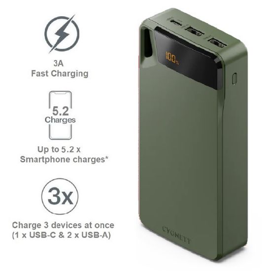 Picture of Cygnett ChargeUp Boost 4th Gen 20K mAh Power Bank- Green(CY4750PBCHE)Triple Port(Dual USB-A 15W+1xUSB-C 15W),15cm USB-C Cable,15W Max,2 Years Warranty