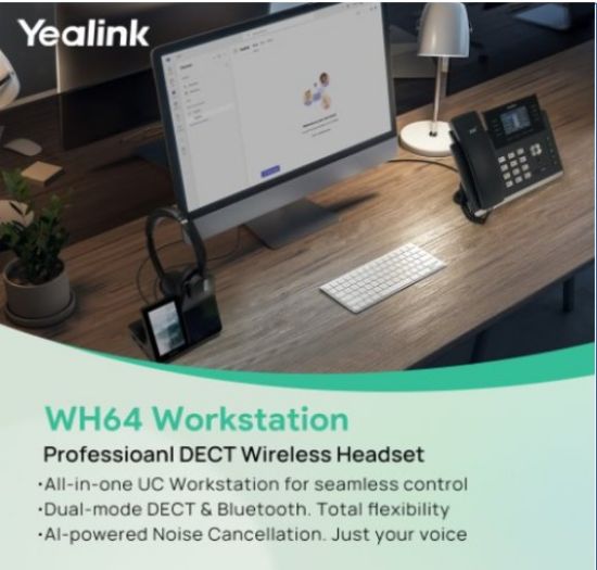 Picture of Yealink WH64 Dual Workstation, Yealink WH64 Workstation is an industry-leading DECT wireless headset with dual/single-ear options for seamless desktop