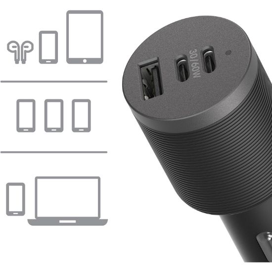 Picture of OtterBox USB-C 72W Triple Port Premium Pro Fast Car Charger - Black (78-80899), 1x USB-A (12W), 2x USB-C 30W(60W Shared), Intelligent,2 Years Warr