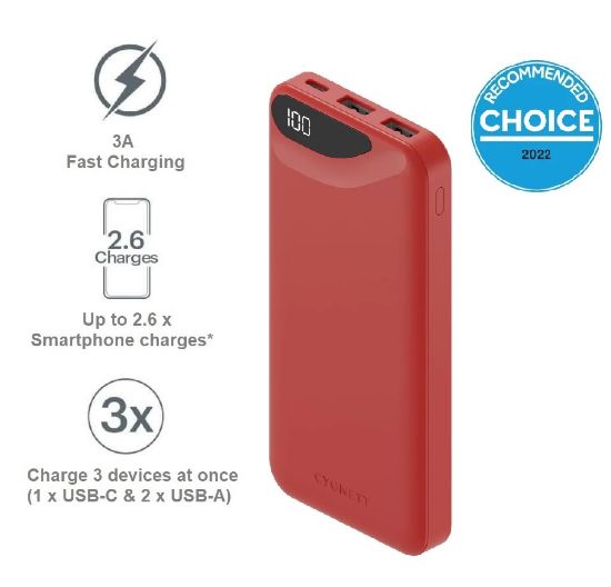 Picture of Cygnett ChargeUp Boost 3rd Gen 10K mAh Power Bank -Red(CY4343PBCHE),1x USB-C(15W),2x USB-A(12W),15cm USB-C Cable, Charge 3 Devices, 2 Years Warran