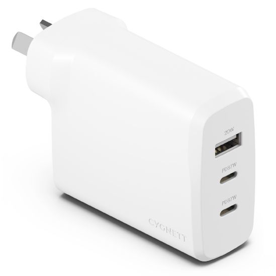 Picture of LS Cygnett PowerPlus 87W Triple Port Fast GaN Wall Charger - White(CY4770PDWCH),2xUSB-C PPS (87W),1xUSB-A(20W),Charge 3x Devices,Compact,2 Years Warra