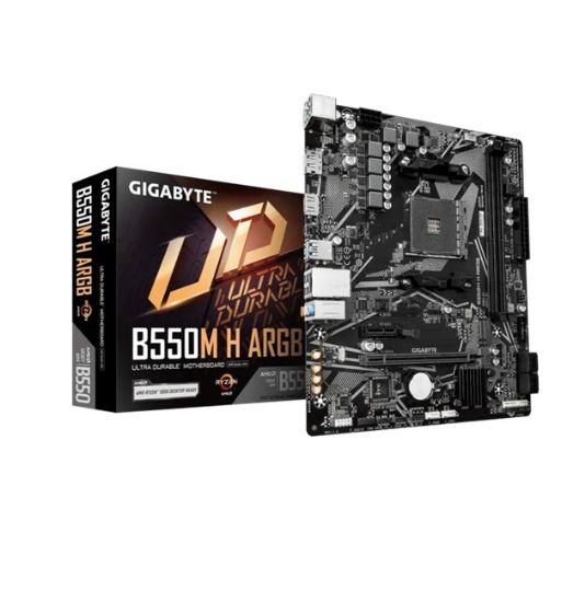 Picture of Gigabyte B550M H ARGB Micro-ATX AMD B550 motherboard with AM4 support, PCIe 4.0, DDR4 up to 5100MHz OC, HDMI 2.1, DP 1.4, M.2, and Gigabit LAN