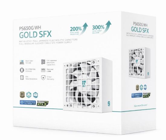 Picture of DeepCool PS650G WH 650W Gamer Storm SFX ,Full Japanese Electrolytic Capacitors, Cybenetics Platinum /PPLP Gold, Fluid Dynamic Bearing