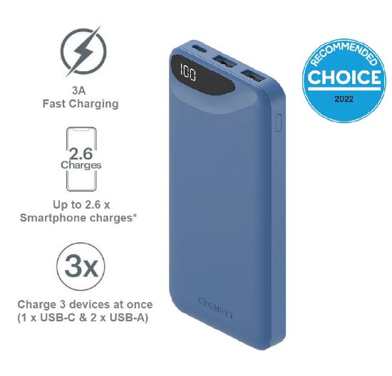 Picture of Cygnett ChargeUp Boost 3rd Gen 10K mAh Power Bank-Blue(CY4342PBCHE),1x USB-C(15W),2x USB-A(12W),15cm USB-C Cable, Charge 3 Devices, 2 Years Warran
