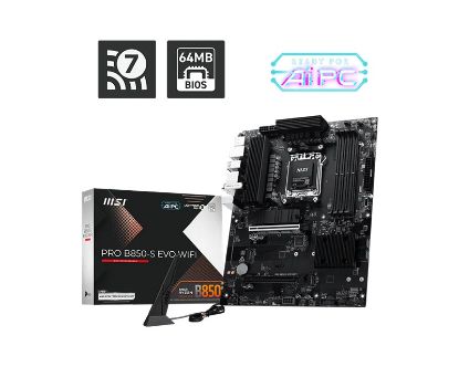 Picture of MSI PRO B850-S EVO WIFI, AMD B850, AM5, Ryzen 9000/8000/7000, 4xDDR5 256GB 8200+MT/s OC, PCIe 5.0 x16, 3xM.2, 5G LAN, Wi-Fi 7, 3yr wty