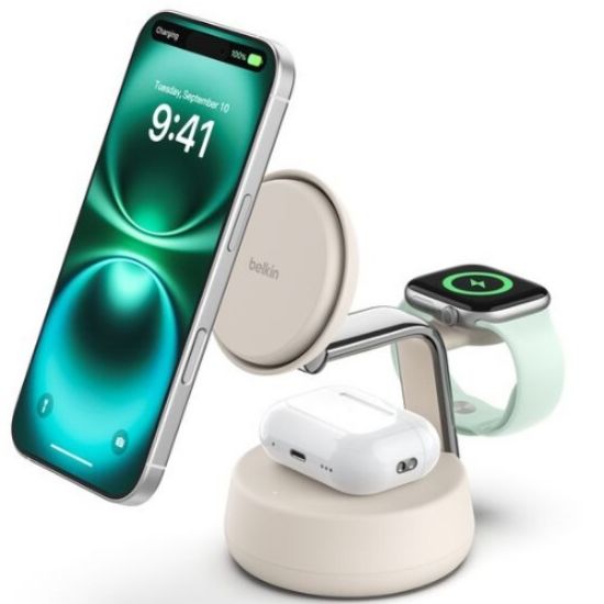 Picture of Belkin UltraCharge Pro 3-in-1 Wireless Qi2 Charging Dock + 45W USB-C PSU + USB-C Cable (1.5M) - White (WIZ040auSD), 25W, CEW $2500, 2 Years Warranty