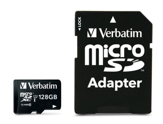 Picture of Verbatim Micro SDXC 128GB (Class 10 UHS-I) w Adaptor - 600x,  90 MB/Second, High Capacity and fast transfer. Mobile, Camera, Backup. Water Resistant