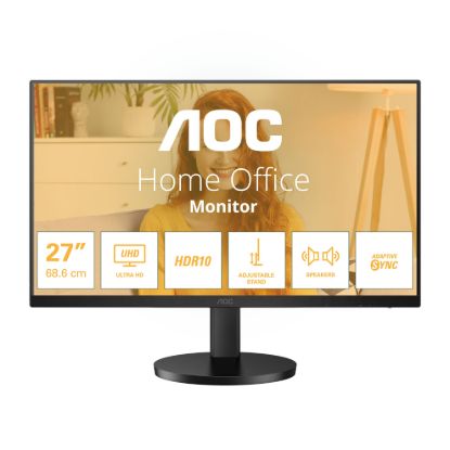 Picture of AOC 27' IPS 4K 3840 x 2160 UHD, HDR10, Speakers, Flicker FREE, HDMI 2.0 x 2, DisplayPort 1.4 x 1  black. VESA 100, Height Adjust,  Office Monitor